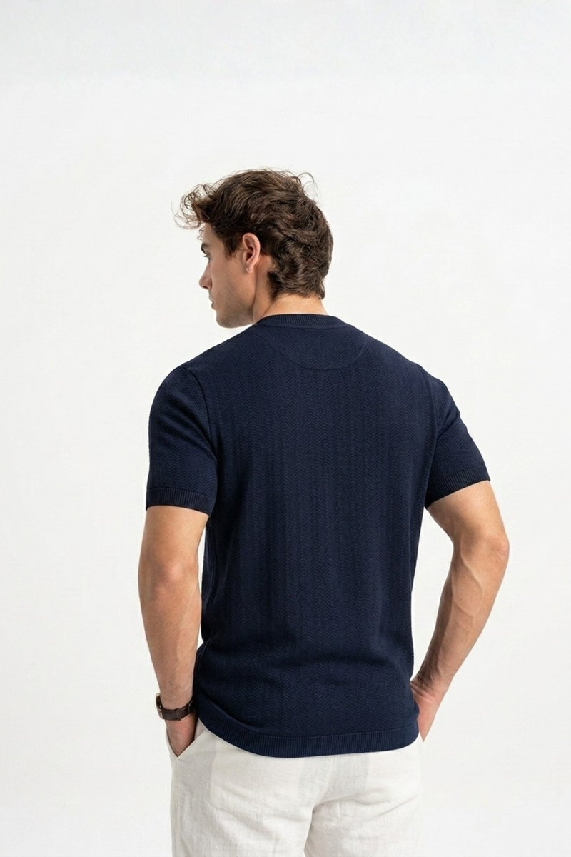 GÜMÜLDÜR Lacivert Kısa Kollu Triko Görünümlü T-Shirt