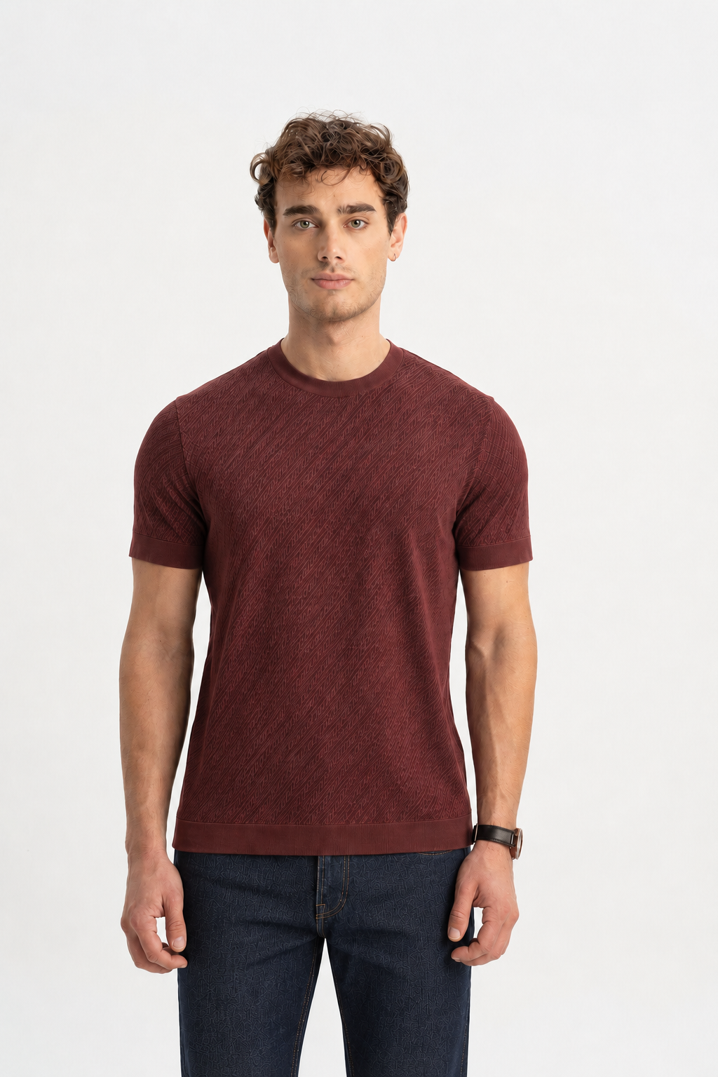 GÜNERLİ Bakır %100 Pamuk Triko Başlamalı Jakarlı T-Shirt