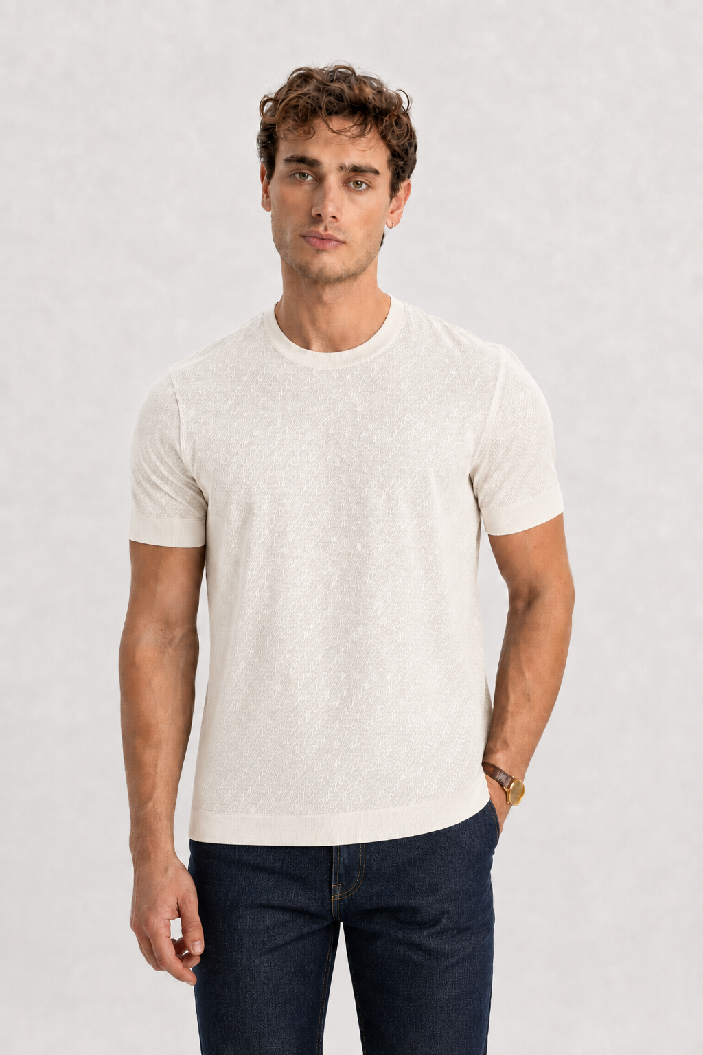 GÜNERLİ Beyaz %100 Pamuk Triko Başlamalı Jakarlı T-Shirt