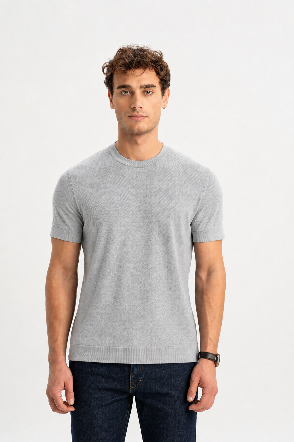 GÜNERLİ Açık Gri %100 Pamuk Triko Başlamalı Jakarlı T-Shirt