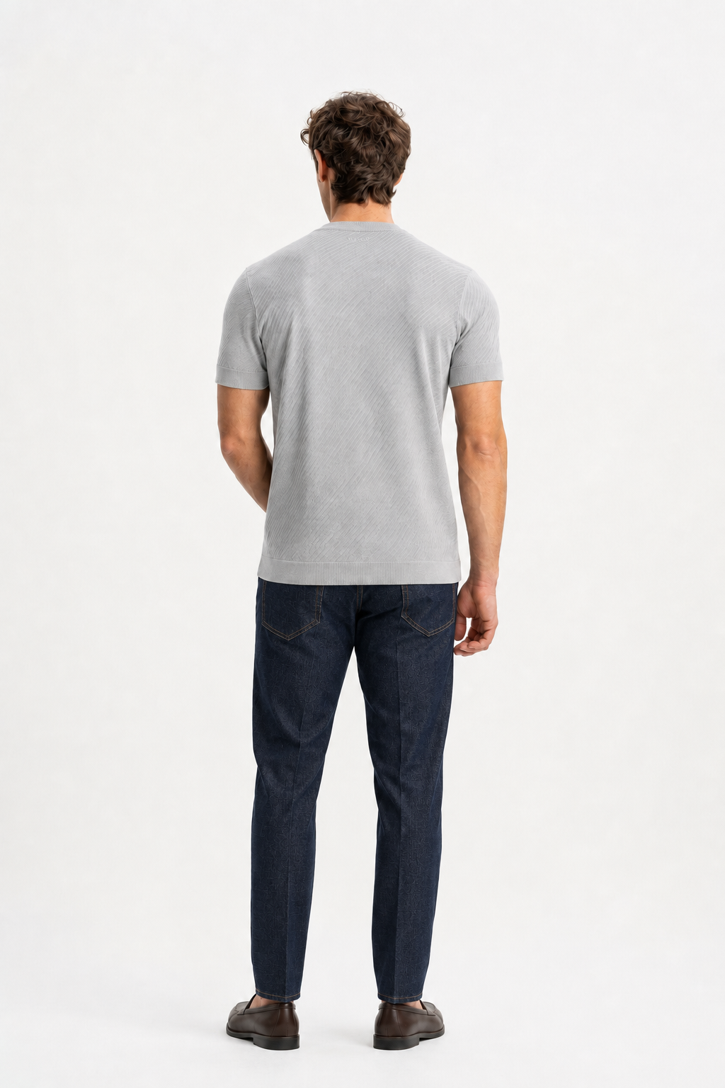 GÜNERLİ Açık Gri %100 Pamuk Triko Başlamalı Jakarlı T-Shirt