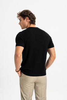 GÜNERLİ Siyah %100 Pamuk Triko Başlamalı Jakarlı T-Shirt