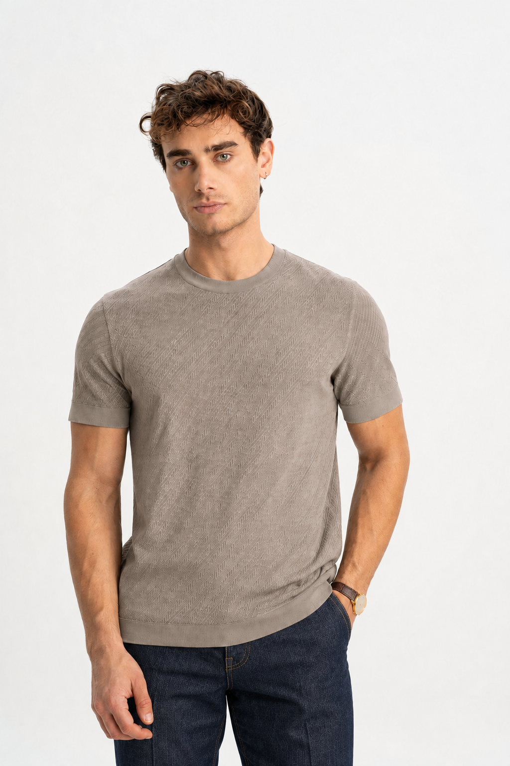 GÜNERLİ Vizon %100 Pamuk Triko Başlamalı Jakarlı T-Shirt