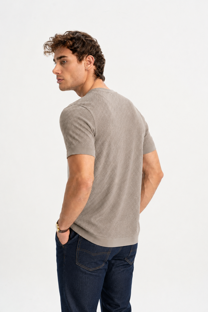 GÜNERLİ Vizon %100 Pamuk Triko Başlamalı Jakarlı T-Shirt