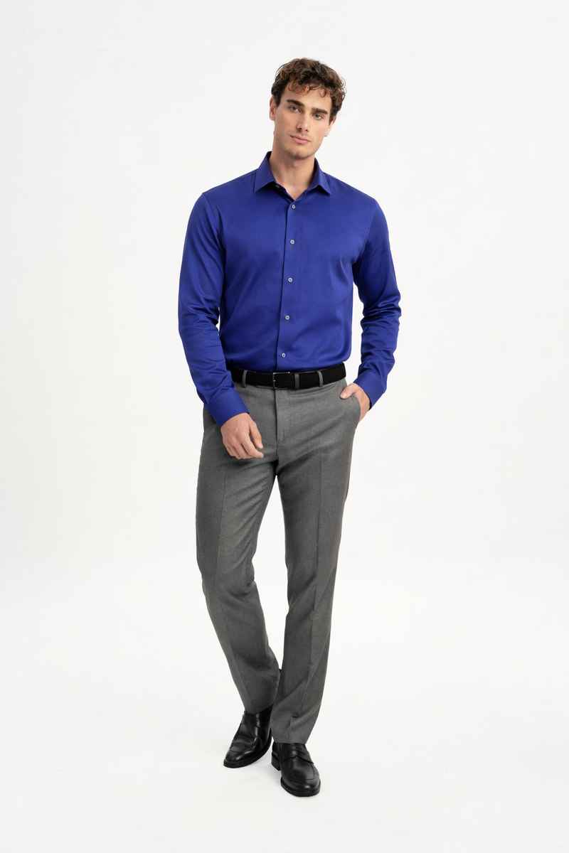 SÖĞÜTLÜ Mavi Merserize Uzun Kollu Örme Gömlek