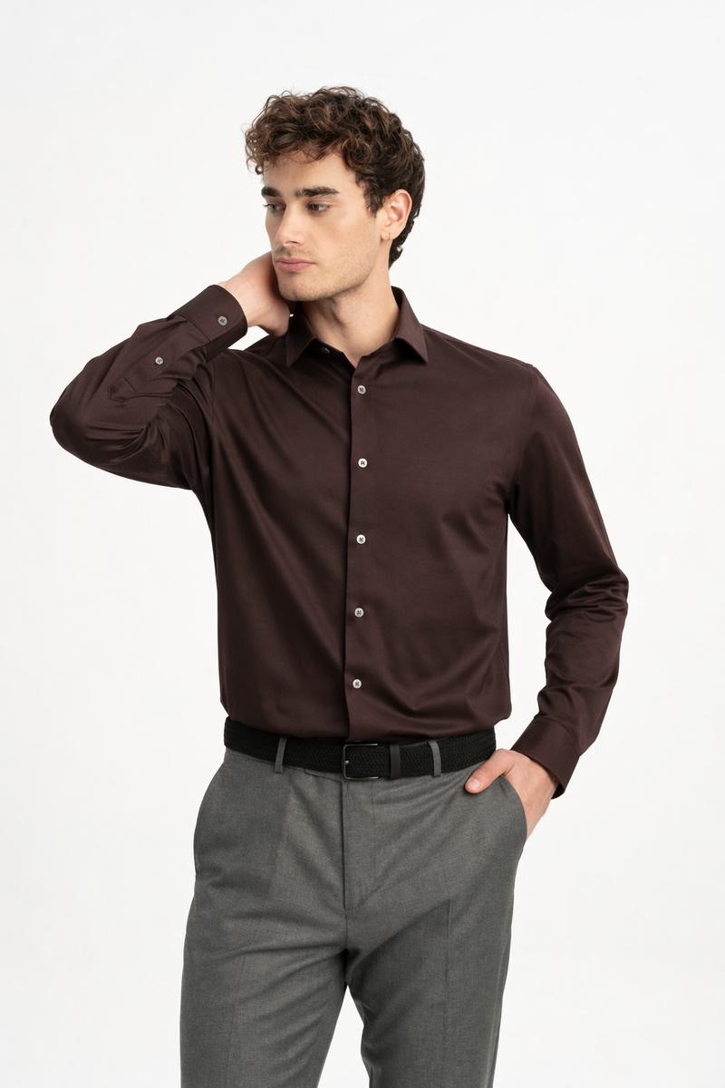 SÖĞÜTLÜ Kahverengi Merserize Uzun Kollu Örme Gömlek