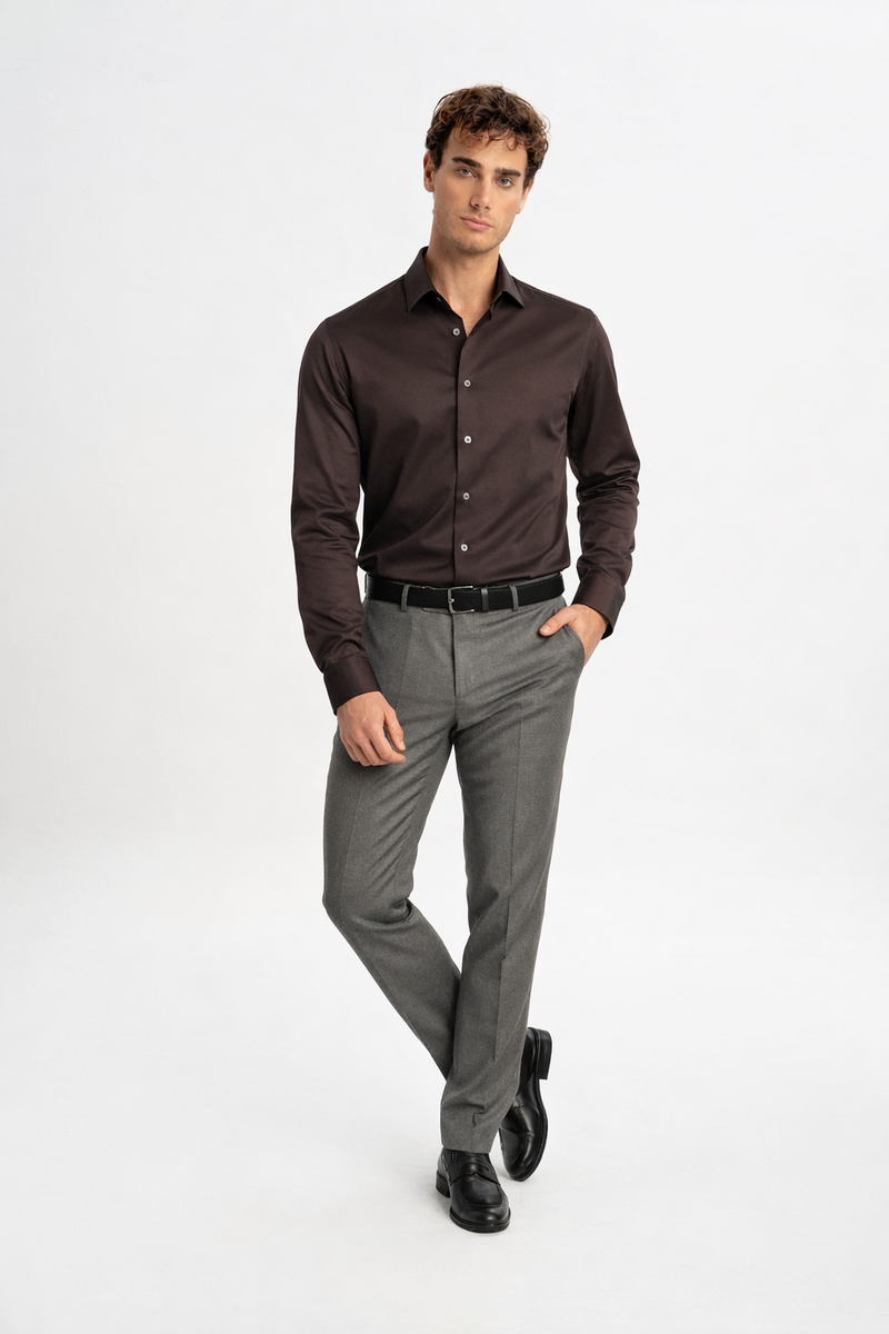 SÖĞÜTLÜ Kahverengi Merserize Uzun Kollu Örme Gömlek