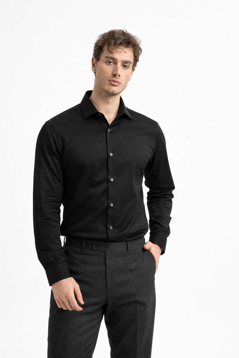 SÖĞÜTLÜ Siyah Merserize Uzun Kollu Örme Gömlek