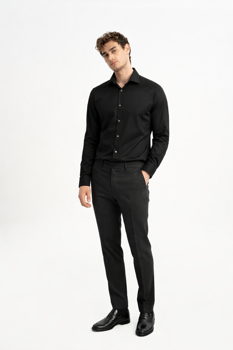 SÖĞÜTLÜ Siyah Merserize Uzun Kollu Örme Gömlek